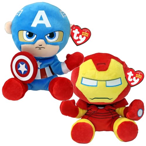 TY Marvel Multipack Iron Man & Captain America Beanie Babies – Weiche Plüschtiere für Kinder, Babyspielzeug, Sammelbare Kuscheltiere, Plüschfiguren für Kinder von TY