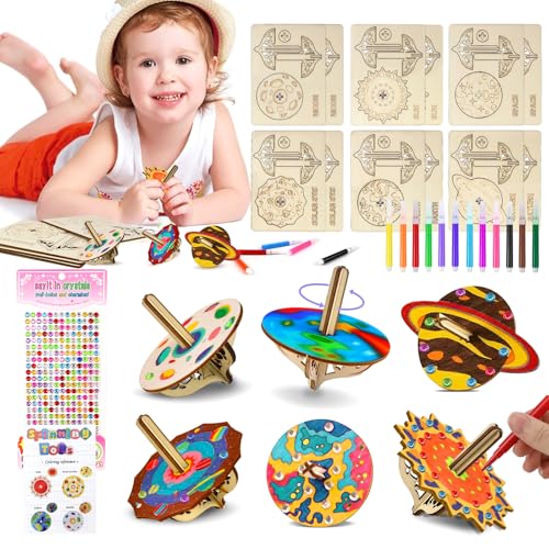 TYBYBB Kreisel Malkreisel 12 Stück Planeten Holzkreisel Farbkreisel zum Bemalen und Basteln Kindergeburtstag Kinderkreisel Spielzeug Spinning Tops DIY Set für Kinder von TYBYBB