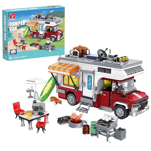 TYCOLE City Camper Van Building Set-Beach Camping Themed Construction Toy Kit with Mini Accessories&Lights, RV Car Model Compatible with Bricks,Birthday Gift for Adults and Kids 6+(880 pcs) von TYCOLE