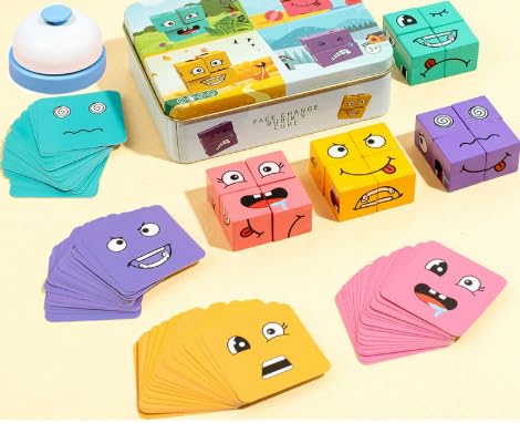 TYFYH Würfelpuzzle Holz, Ausdruck Holzpuzzle, Holzwürfel Spiel, Gesichter Puzzle Bauwürfel, 3D Puzzle Face Changing Magic Cube, Mastugart Spiel für 3 4 5 6 7 Kinder mit Tischglocke von TYFYH