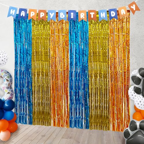 TYHJOY Glitzernde Blau-Gold-Orange Folienvorhänge 2er-Set – Metallic Lametta Vorhang für Kindergeburtstag, Jungen Party Deko, Foto Hintergrund, Türvorhang, Einschulung & Babyshower TYHJOY Glitzernde Blau-Gold-Orange Folienvorhänge 2er-Set – Metallic Lametta Vorhang für Kindergeburtstag, Jungen Party Deko, Foto Hintergrund, Türvorhang, Einschulung & Babyshower von TYHJOY