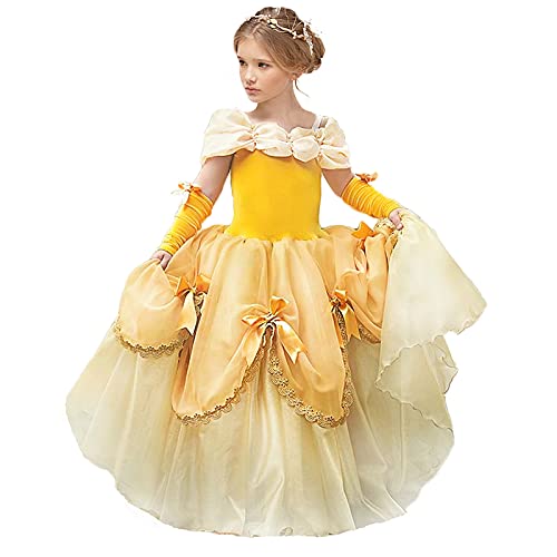 TYHTYM Belle Kleid Belle Kostüm Prinzessin Belle Dress Up Schönheit und das Biest Party Prinzessin Cosplay Halloween Kostüme für Mädchen Gelb von TYHTYM