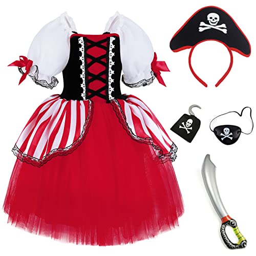 TYHTYM Piratenkostüm für Mädchen, Halloween, Kinder, niedliches Cosplay, mit Hut, Augenklappe, 2–3 Jahre, Rot TYHTYM Piratenkostüm für Mädchen, Halloween, Kinder, niedliches Cosplay, mit Hut, Augenklappe, 2–3 Jahre, Rot von TYHTYM