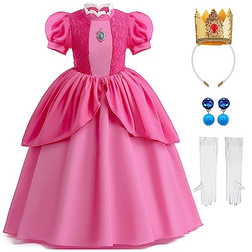 TYHTYM Prinzessin Peach Kostüm für kleine Mädchen, Superbrüder-Kostüm für Kostüme, Halloween- und Geburtstags-Kostüme mit Handschuhen mit Krone (Pink, 4-5 Jahre) von TYHTYM