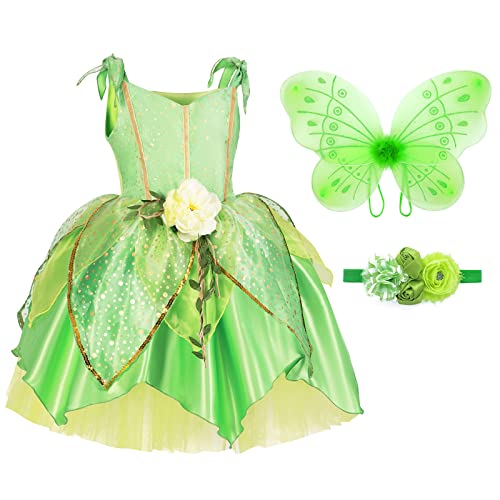 TYHTYM Tinkerbell Feenkostüm für Mädchen, Halloween-Kostüm mit Schmetterlingsflügelstirnband (2-3T, Fee) von TYHTYM