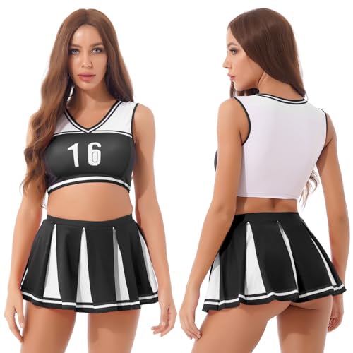 TYNXK Damen-Cheerleading-Anzug in Farbblock-Optik, Rollenspiel-Show-Outfits, Damen-Crop-Top mit V-Ausschnitt, ärmellos, Buchstabendruck und Faltenrock(L) von TYNXK