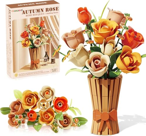 TYONUEYS Blumen Bauspielzeugset für Erwachsene, 868 Stück Rosenstrauß botanische Bausteine, künstliche Blume Bauklötze Bausatz Spielzeug für Geburtstag Valentinstag Weihnachten (NO,13066) von TYONUEYS