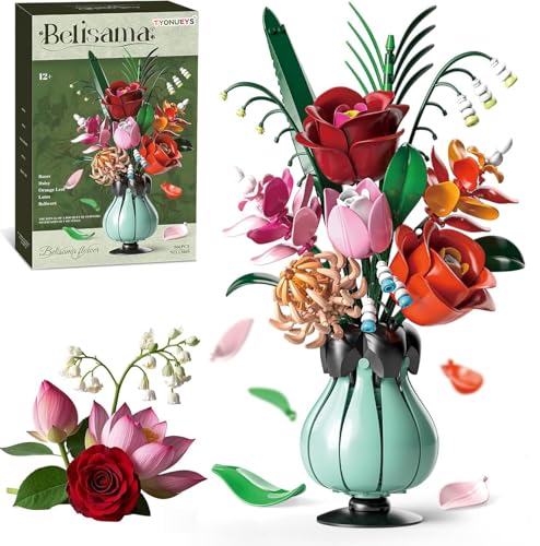 TYONUEYS Blumen Bauspielzeugset für Erwachsene, 566 Teile Blumenstrauß Bausatz Mit Vase, Botanical Kollektion Blumenstrauß Klemmbausteine, Geschenk für Frauen Männer Kinder Jungen Mädchen von TYONUEYS