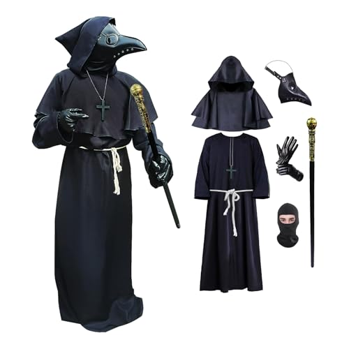 TYOPMU Mittelalterliches Pestdoktor-Kostümmasken-Set, schwarze Kapuze, Halloween, Cosplay, Outfit für Erwachsene, Herren, Damen, Teenager, Schwarz, S von TYOPMU