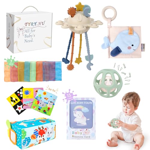 TYRY.HU Babygeschenke Montessori Spielzeug,Silikon Zugschnur Aktivitätsspielzeug Sensorisches Spielzeug für Kleinkinder Tissue Box Doppelseitig Stoffbuch Bälle klappern Kauspielzeug 3 6 9 Monate von TYRY.HU