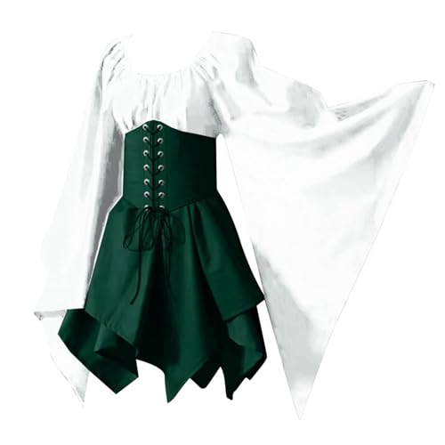 TYUIOP damen kleider sommer mittelalter kleid renaissance kleidung, elfenohren halskette blumenkrone ledergürtel, trompetenärmel halloween cosplay karneval kostüm, lange retro partykleid von TYUIOP