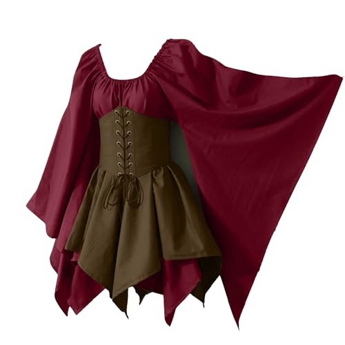 TYUIOP damen kleider sommer mittelalter kleid renaissance kleidung, elfenohren halskette blumenkrone ledergürtel, trompetenärmel halloween cosplay karneval kostüm, lange retro partykleid von TYUIOP