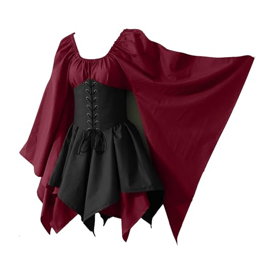 TYUIOP damen kleider sommer mittelalter kleid renaissance kleidung, elfenohren halskette blumenkrone ledergürtel, trompetenärmel halloween cosplay karneval kostüm, lange retro partykleid von TYUIOP