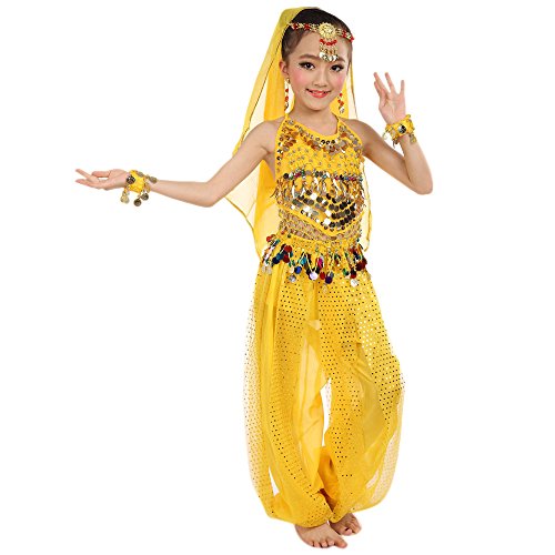 TYUSGH Bauchtanz-Kostüm für Kinder, Mädchen, indisches Oberteil, Hose, Performance-Outfit-Set, Kleidung, Gelb TYUSGH Bauchtanz-Kostüm für Kinder, Mädchen, indisches Oberteil, Hose, Performance-Outfit-Set, Kleidung, Gelb von TYUSGH