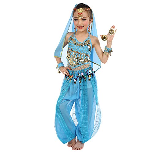 TYUSGH Bauchtanz-Kostüm für Kinder, Mädchen, indisches Oberteil, Hose, Performance-Outfit-Set, Kleidung, Hellblau von TYUSGH
