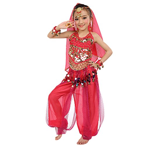 TYUSGH Bauchtanz-Kostüm für Kinder, Mädchen, indisches Oberteil, Hose, Performance-Outfit-Set, Kleidung, Hot Pink TYUSGH Bauchtanz-Kostüm für Kinder, Mädchen, indisches Oberteil, Hose, Performance-Outfit-Set, Kleidung, Hot Pink von TYUSGH