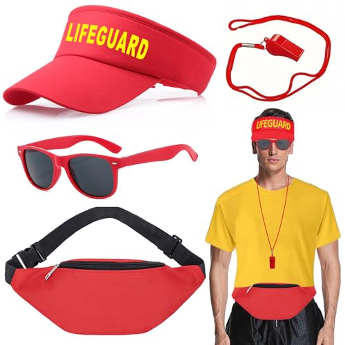 TYXHXTF 4 Stück Lifeguard Fasching Kostüm Herren Damen, Rot Baywatch Fischerhüte Sonnenbrille Sportpfeifen Brusttasche für Rettungsschwimmer Erwachsener Halloween Karneval von TYXHXTF