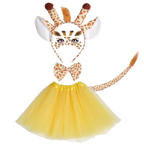 TYXHXTF 5 Tlg Giraffen Kostüm für Kinder, Tier Schwanz Fliege Tutu Giraffenohr Stirnband Aticker, Dschungel Tierkostüm Set für Karneval Halloween Geburtstag Mottoparty von TYXHXTF