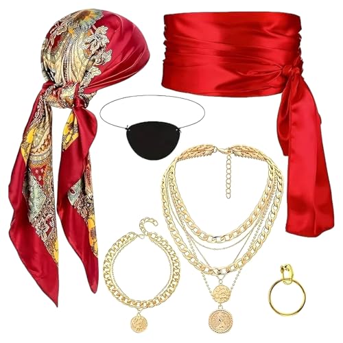 TYXHXTF 6 Stück Piratenkostüm Set für Damen, Mittelalter Piraten Kostüm Zubehör Frauen, Kopftuch Augenklappe Ohrringe Halskette Armband Hüfte Tuch für Karneval Halloween Cosplay Mottoparty TYXHXTF 6 Stück Piratenkostüm Set für Damen, Mittelalter Piraten Kostüm Zubehör Frauen, Kopftuch Augenklappe Ohrringe Halskette Armband Hüfte Tuch für Karneval Halloween Cosplay Mottoparty von TYXHXTF