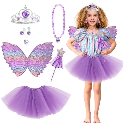 TYXHXTF 6-teiliges Feen Kostüm Kinder für Mädchen Schmetterling Kostüm Schmetterlingsflügel Kinder Tutu Zauberstab und Haarreifen, für Karneval Requisiten von TYXHXTF