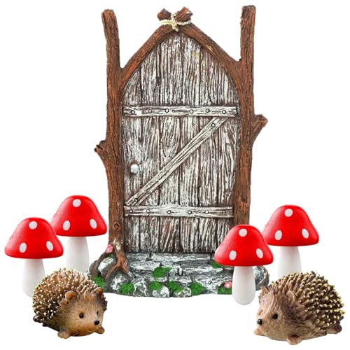 TYXHXTF 7 Stück Miniatur Fee Garten Deko, 13cm Elf Feentür, 2 Igel und 4 Pilze Mini Gartendeko, Harz Feengarten Zubehör von TYXHXTF