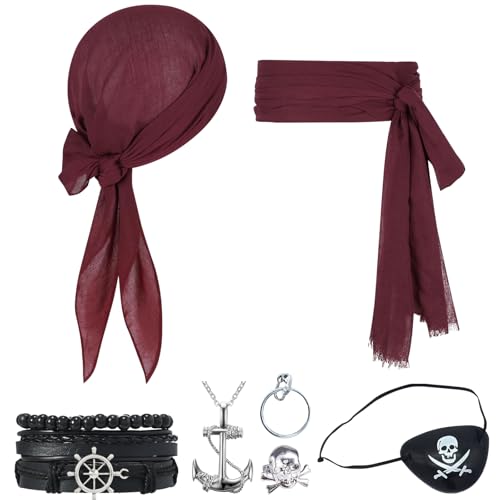 TYXHXTF 7 Stück Piraten Accessoires Set, Mittelalter Piratenkostüm Zubehör Damen Herren, Kopftuch Augenklappe Ohrringe Halskette Armband Hüfte Tuch für Karneval Halloween Cosplay Mottoparty von TYXHXTF