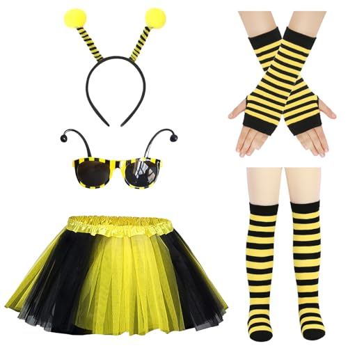 TYXHXTF 7PCS Bienenkostüm Children, Bienenkostüm mit Antenne Stirnband Sonnenbrille Lange Handschuhe Überkniestrümpfe, Biene Kostüm, für Kostüm Tier Cosplay Karneval von TYXHXTF