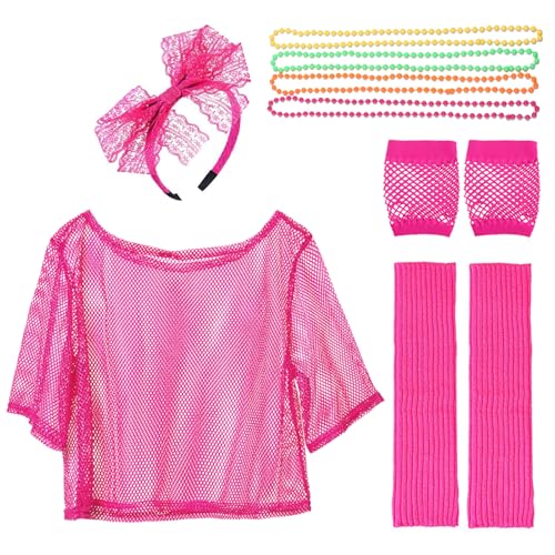 TYXHXTF 80er 90er Jahre Outfit Damen, Netzshirt, Netzhandschuhe, Stirnband, Halskette, Beinstulpen, Accessoires Kostüm Set Retro, für Karneval Party von TYXHXTF