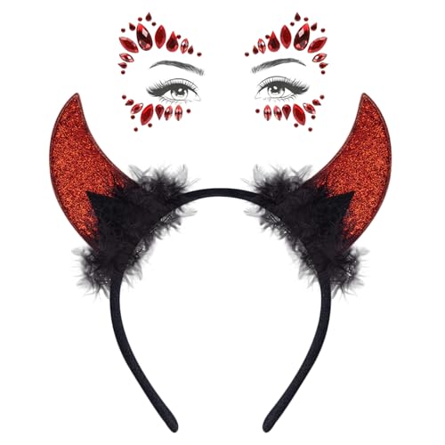 TYXHXTF Teufel Kostüm Zubehör und Tattoo Gesicht Steine, Teufel Hörner, Zubehör Glitzer Teufelshörner Haarreif Halloween Teufelsohren, Accessoires Damen für Karneval, Cosplay von TYXHXTF
