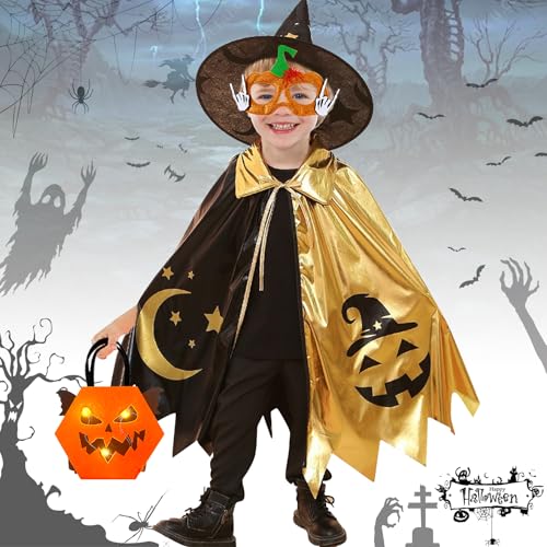 TZEKING Halloween Kostüm für Kinder - Zauberer Cape und Hut, Kürbis Candy Bag, Hexe Umhang für Kostümpartys, Cosplay von TZEKING