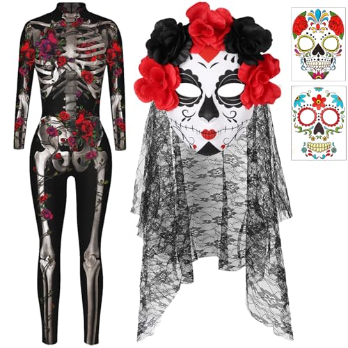 TZEKING Skelett Halloween Kostüm Damen - Tag der Toten Haarreif + 2 Gesicht Temporäre Tattoos - Body Jumpsuit TZEKING Skelett Halloween Kostüm Damen - Tag der Toten Haarreif + 2 Gesicht Temporäre Tattoos - Body Jumpsuit von TZEKING