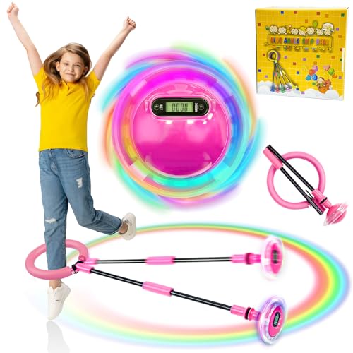 TZEKING Springring Fußkreisel,Kinder Blinkender Springring Fußkreisel,Swing Wheel mit Lichtrad,Zähler,Timer,Kalorienzähler,Faltbarer Ankle Skip Ball,Geschenke für Mädchen 6-12 Jumping Ball (Rosa) von TZEKING
