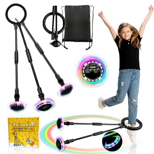 TZEKING Springring Fußkreisel,Kinder Blinkender Springring Fußkreisel,Swing Wheel mit Lichtrad,Zähler,Timer,Kalorienzähler,Faltbarer Ankle Skip Ball (Mit Bildschirmanzeige-Schwarz) von TZEKING