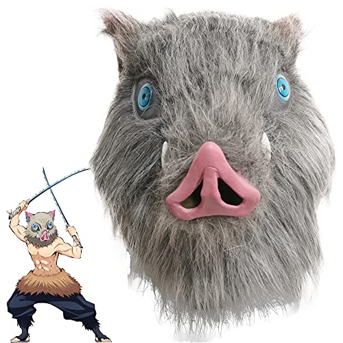TZLCOS Demon Slayer Hashibira Inosuke Maske Latex Anime Hairy Boar Kopfbedeckung Cosplay Maskerade Halloween Zubehör Grau von TZLCOS