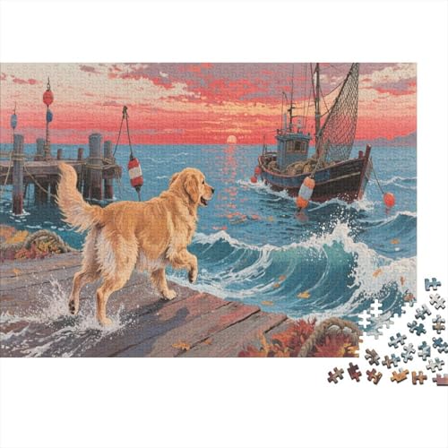 Goldener RetrieverPuzzles 1000 Teile Puzzle Für Erwachsene Küsteal Ports Farbpuzzle Geschicklichkeitsspiel Für Die Ganze Familie Wohndekoration 1000pcs (75x50cm) von TZOVPCDFA