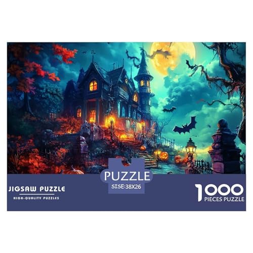 Puzzles 1000 Teile Puzzle Halloween DorfLagerfeuer-Aktivität Puzzle FledermausSchlossFarbenfrohes Legespiel Für Die Ganze Familie Für Männer Und Frauen 38x26cm/1000pcs von TZOVPCDFA