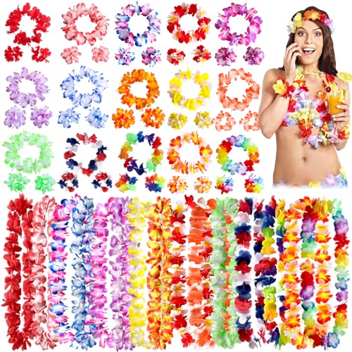 60 Stück Bunten Hawaiiketten Hawaii Blumenketten mit Halsketten, Elastischen Stirnbänder und Armbänder ür Tropische Motto-Partys Dekorationen Strand Party Dekor von TZPAUG