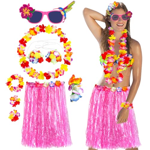 TZPAUG Hawaiian Hula Rock Kostüm Set,Hawaii Party Kostüm Set mit Halskette Armbänder Stirnband Blume BH Haarblume und Sonnenbrille, Sommer Hawaii Strand Tropische Fasching Party Kostüm (Pink) von TZPAUG