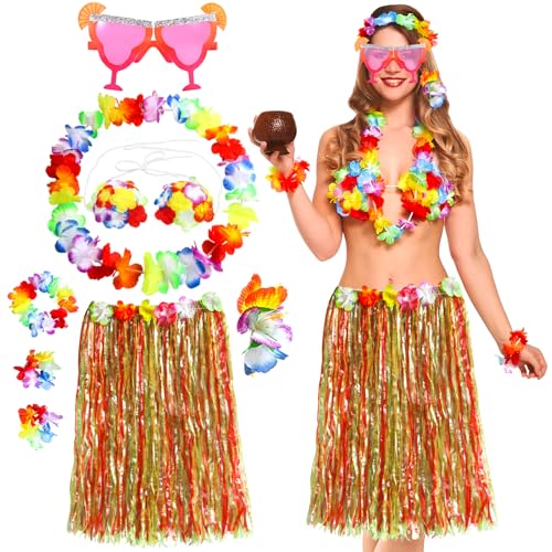 TZPAUG Hawaiian Hula Rock Kostüm Set,Hawaii Party Kostüm Set mit Halskette Armbänder Stirnband Blume BH Haarblume und Sonnenbrille, Sommer Hawaii Strand Tropische Fasching Party Kostüm (Farbe) von TZPAUG
