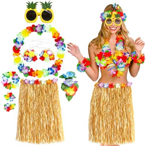 TZPAUG Hawaiian Hula Rock Kostüm Set,Hawaii Party Kostüm Set mit Halskette Armbänder Stirnband Blume BH Haarblume und Sonnenbrille, Sommer Hawaii Strand Tropische Fasching Party Kostüm (Stroh) von TZPAUG