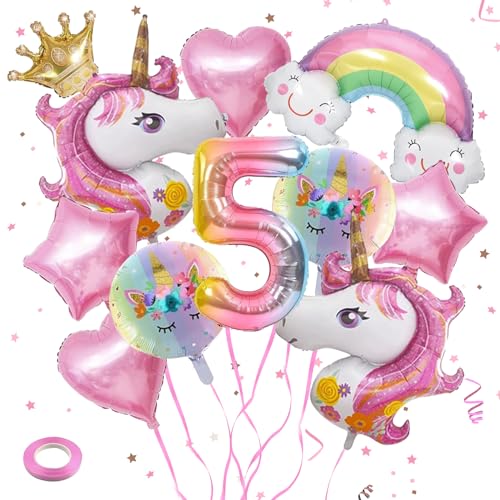 TZQFROCE Einhorn Luftballons 5 Jahre Einhorn Ballons Geburtstag 3D Einhorn Geburtstagsdeko Mädchen Regenbogen Deko Kindergeburtstag für Mädchen Geburtstags Festival von TZQFROCE