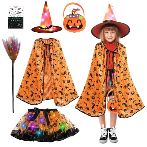 Hexe Kostüm Mädchen HexeKostüm Kinder mit Lichter Halloween Umhang Kinder mit Hexe Tutu Rock, Hexenhut, Tasche und Hexenbesen Mädchen Hexe Cosplay Kostüm für Halloween Fasching Karneval Party von TZQFROCE