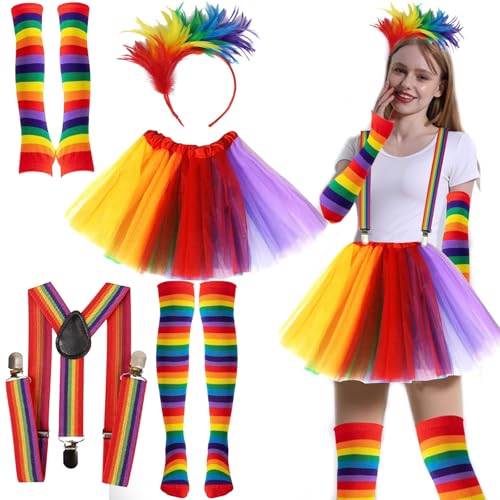 TZQFROCE Regenbogen Kostüm Damen Karneval - Tüllrock Bunt Mit Riemen, Kniestrümpfe, Bunte Feder Stirnband, Fingerlose Handschuhe - 50er Jahre Rockabilly Für Fasching Mottoparty von TZQFROCE