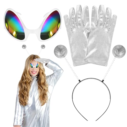 TZQFROCE Alien Kostüm Set Alien Kostüm Zubehör Alien Kostüm Damen Alien Stirnband Alien Brille Alien Handschuhe für Damen Verkleidung Erwachsene Alien Cosplay von TZQFROCE