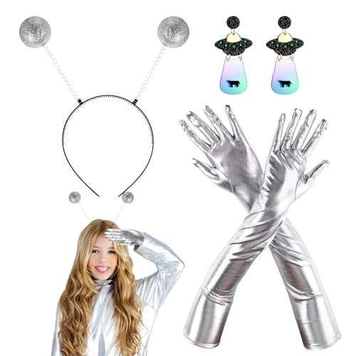 TZQFROCE Alien Kostüm Set Alien Kostüm Zubehör Alien Kostüm Damen Alien Stirnband Alien Ohrringe Alien Handschuhe für Damen Verkleidung Erwachsene Alien Cosplay von TZQFROCE