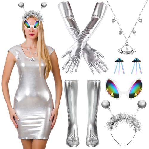TZQFROCE Alien Accessoires Set 6 Stück Alien Kostüm Damen Alien Kostüm Zubehör Alien Haarreif Alien Brille Silberne Handschuhe für Damen Verkleidung Erwachsene Alien Cosplay Kostümzubehör TZQFROCE Alien Accessoires Set 6 Stück Alien Kostüm Damen Alien Kostüm Zubehör Alien Haarreif Alien Brille Silberne Handschuhe für Damen Verkleidung Erwachsene Alien Cosplay Kostümzubehör von TZQFROCE