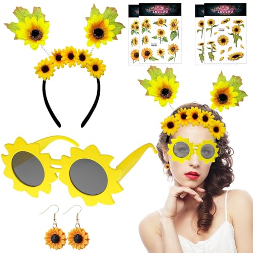 TZQFROCE Sonnenblumen Kostüm Damen Sonnenblumen Accessoires Set mit Sonnenblume Haarschmuck Stirnband Sonnenblume Sonnenbrille Sonnenblume Tattoos für Karneval Fasching Party 60er 70er von TZQFROCE