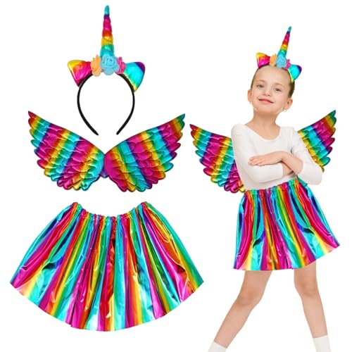 TZQFROCE Einhorn Kostüm Mädchen 3tlg Einhorn Kostüm Prinzessin Set Einhorn Kostüm Kinder Fee Kostüm Mädchen Einhorn Haarreif Einhorn flügel mit Tutu für 3-7Jahre Kinder Karneval Kindergeburtstag von TZQFROCE