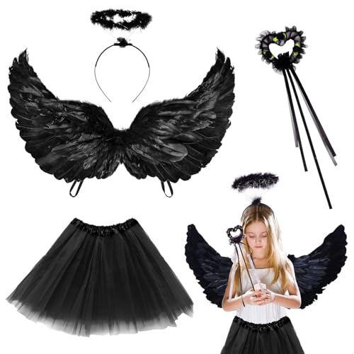 TZQFROCE Engelsflügel Schwarz Engel Kostüm Damen Engel Flügel Kostüm mit Heiligenschein und Zauberstab 60CM Engel Kostüm Kinder für Halloween Fasching Karneval Cosplay Party Kostüme von TZQFROCE