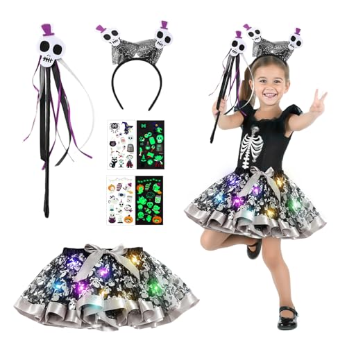 TZQFROCE Skelett Kostüm Mädchen Halloween Kostüm Kinder Halloween Skelett Rock Mädchen mit Lichter Kinder Zauberer Verkleiden Cosplay Set für Kind-er Halloween Karneval Vorgeben Spielen von TZQFROCE